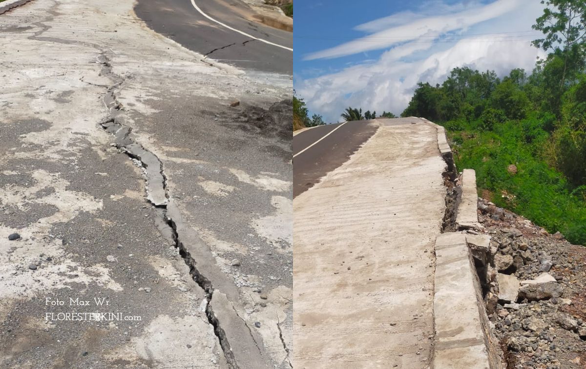 Bahu jalan di Solor Barat yang turut mengalami kerusakan pasca selesai dikerjakan.//