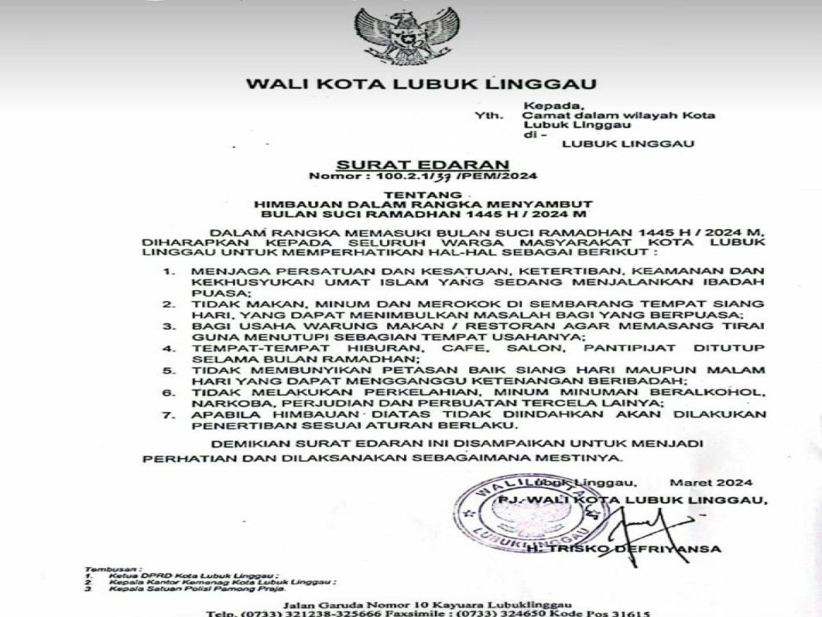 Surat Edaran PJ Walikota Lubuklinggau No.100.2.1/37/PEM/2024, untuk menutup hiburan malam selama Ramadhan 2024.