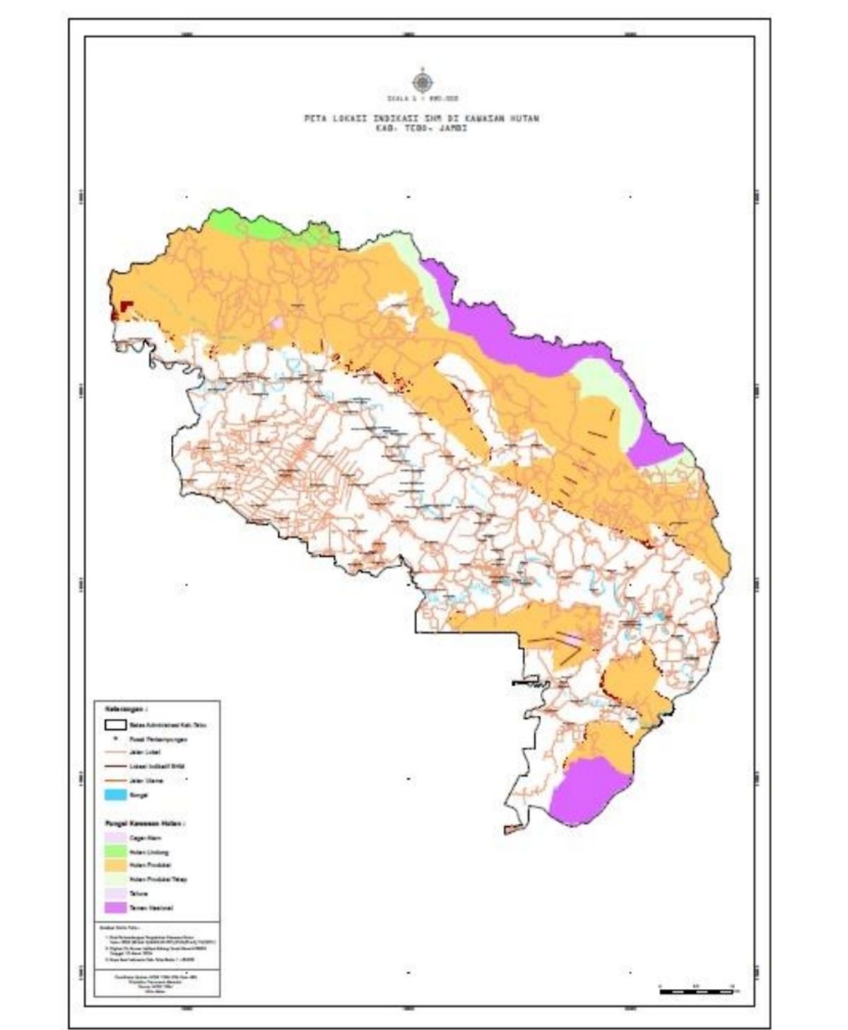 Hasil overlay lokasi kordinat bidang tanah dengan lokasi kawasan hutan di Kabupaten Tebo Provinsi Jambi.