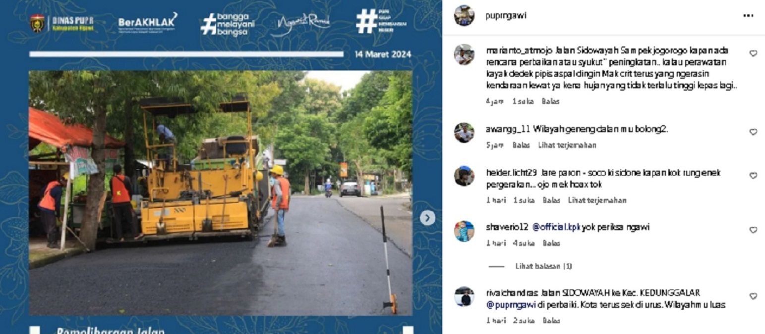 Sejumlah komentar pedas netizen atas perbaikan ima ruas jalan di pusat kota Ngawi
