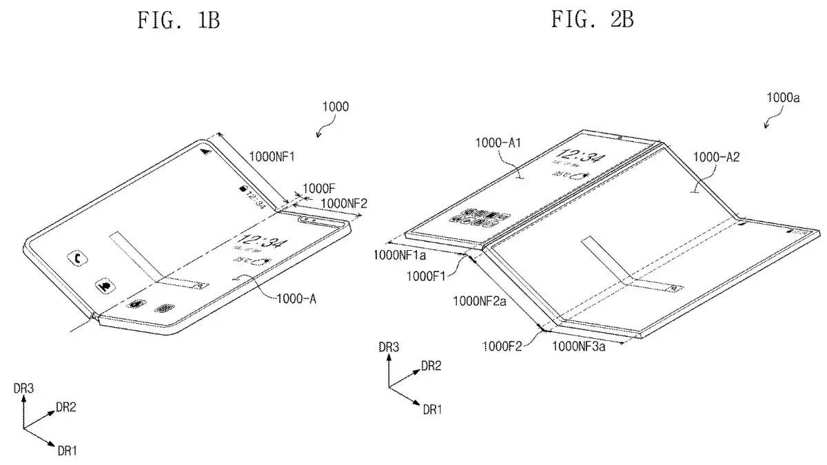 Layar lipat standar Samsung (kiri) dan layar lipat tiga.