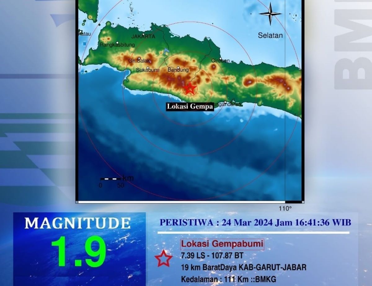 Peta pusat gempa bumi yang melanda wilayah Kabupaten Garut Minggu 24 Maret 2024.
