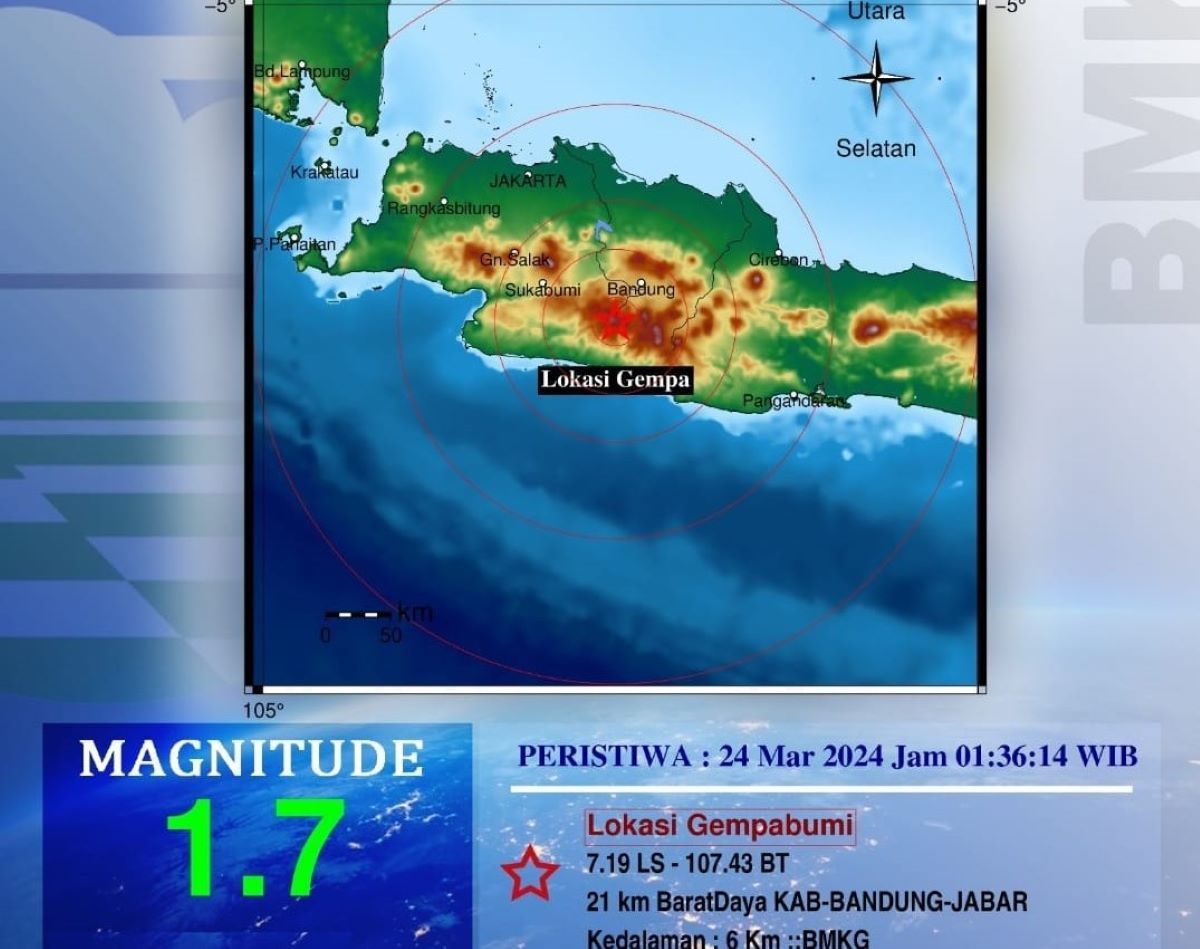 Peta pusat gempa bumi yang melanda wilayah Kabupaten Bandung Minggu 24 Maret 2024.