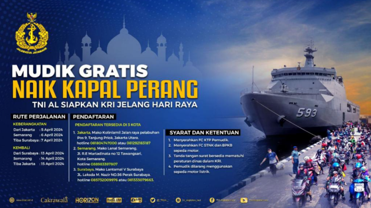 Mudik gratis naik kapal perang KRI TNI AL tahun 2024/Tangkapan layar pengumuman program mudik gratis dengan kapal perang TNI AL website/tnial.mil.id/