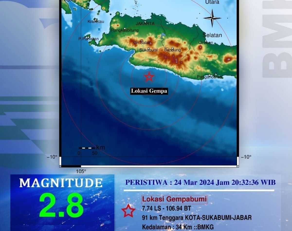 Peta pusat gempa bumi yang dirasakan masyarakat Kota Sukabumi pada minggu 24 Maret 2024.