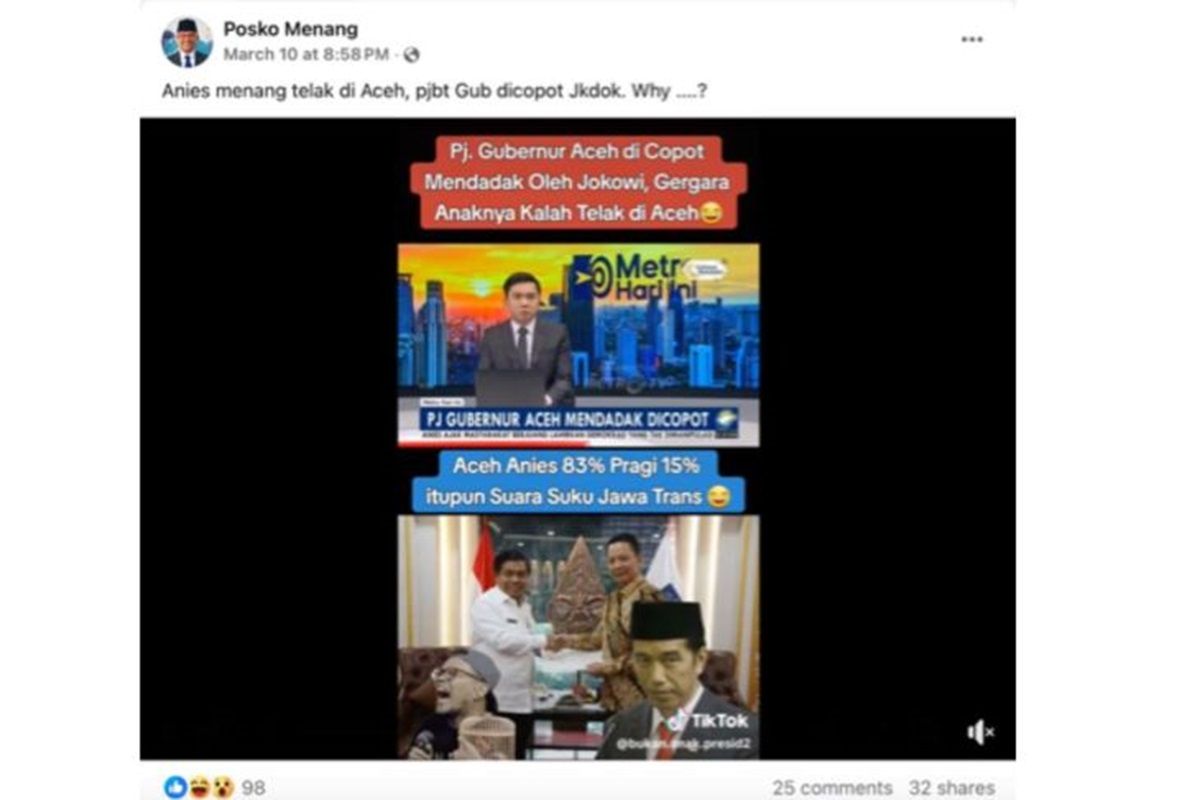 Tangkapan layar hoaks Jokowi mencopot Pj Gubernur Aceh setelah Anies-Muhaimin menang telak di Aceh.