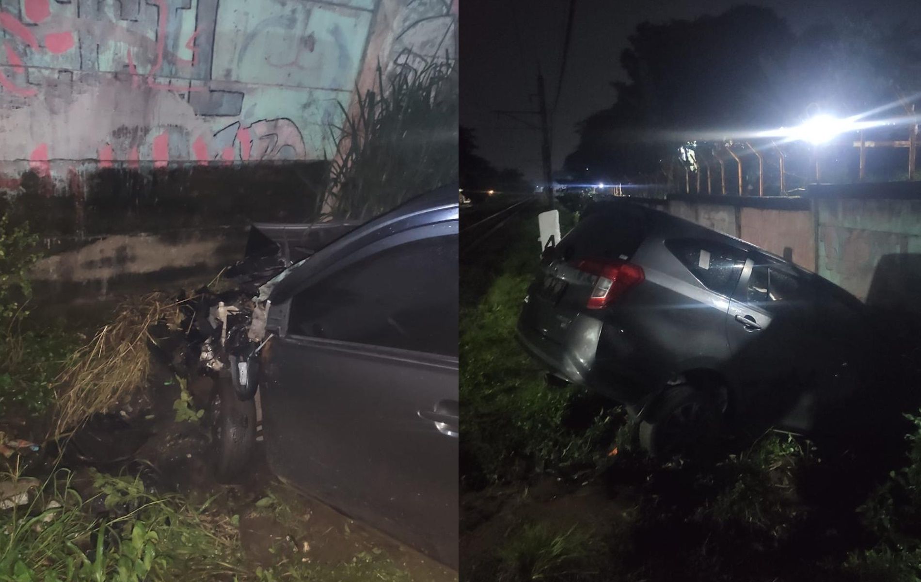 Mobil Daihatsu Sigra bernopol B 2982 TRY tertabrak KRL Commuter Line rute Jakarta-Nambo. Tampak kondisi mobil rusak di bagian depannya.