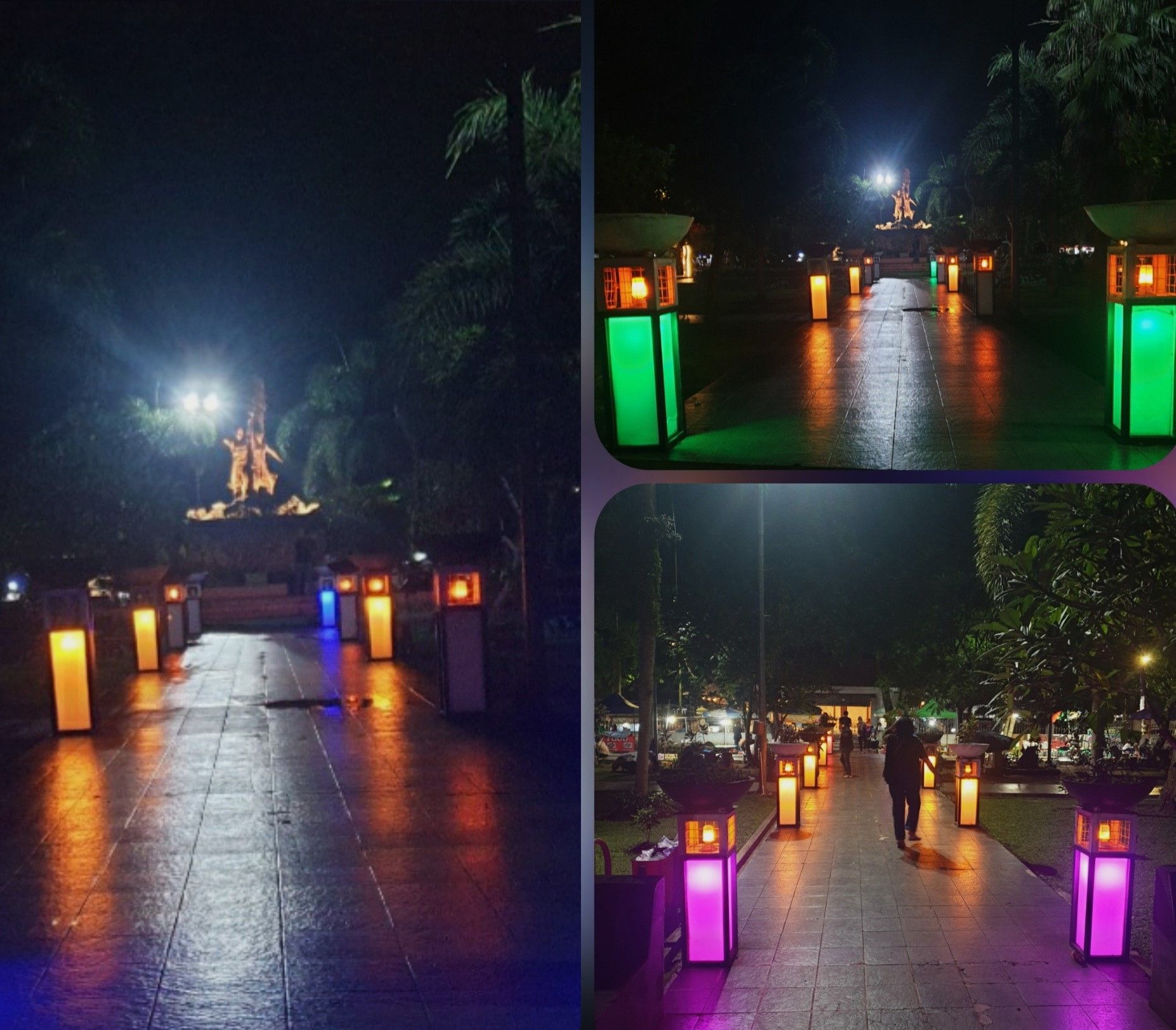 Jalan di dalam Alun-alun Kota Tasik dihiasi oleh lampu berwarna-warni menambah keindahan taman