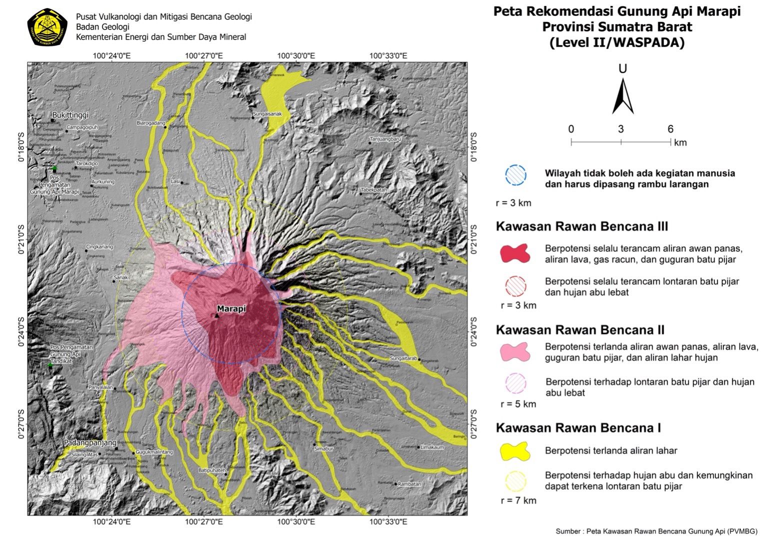 Peta Kawasan Rawan Bencana (KRB) yang diterbitkan pihak Pusat Vulkanologi dan Mitigasi Bencana Geologi (PVMBG) terkait Erupsi Gunung Marapi di Agam Sumatera Barat