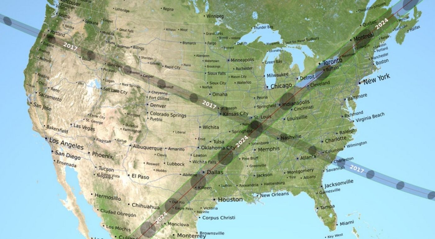 Peta ini menunjukkan jalur gerhana matahari total tahun 2017, melintasi dari Oregon ke Carolina Selatan, dan jalur gerhana matahari total tahun 2024, melintasi dari Meksiko ke Texas, hingga Maine, dan keluar di atas Kanada. 