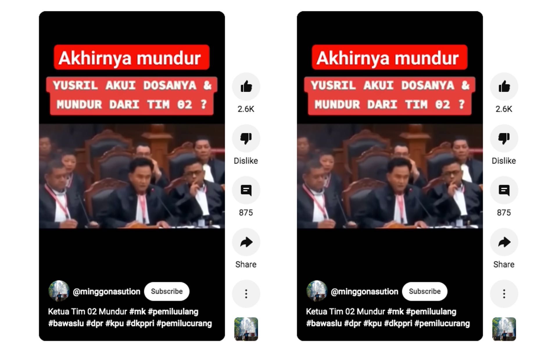 Unggahan video hoaks yang menarasikan Yusril akui kesalahan dan mundur dari Tim Hukum Prabowo-Gibran. Faktanya, isi video dengan narasi judul tidak sesuai.