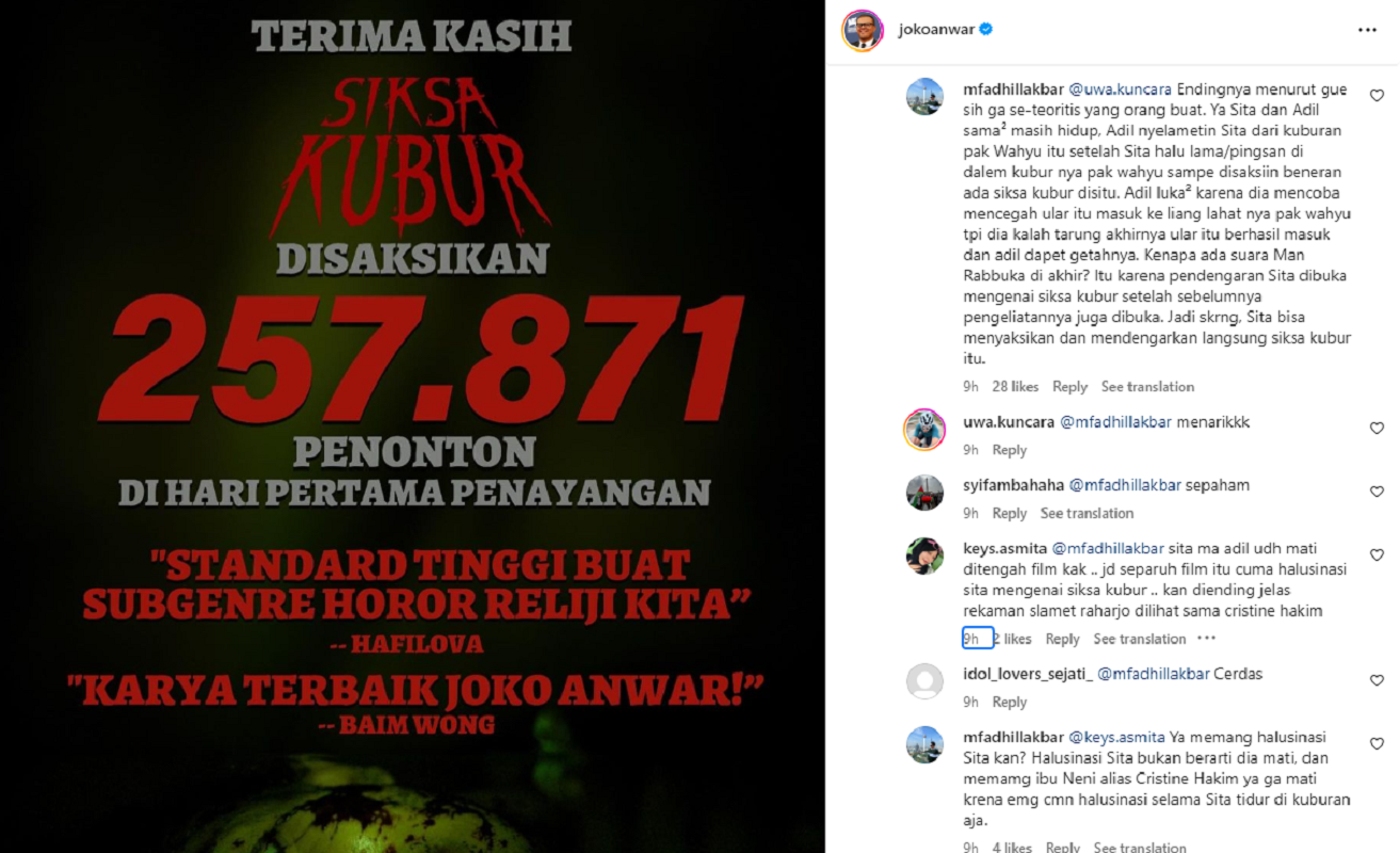 Unggahan Joko Anwar terkait jumlah penonton Siksa Kubur di hari pertama.