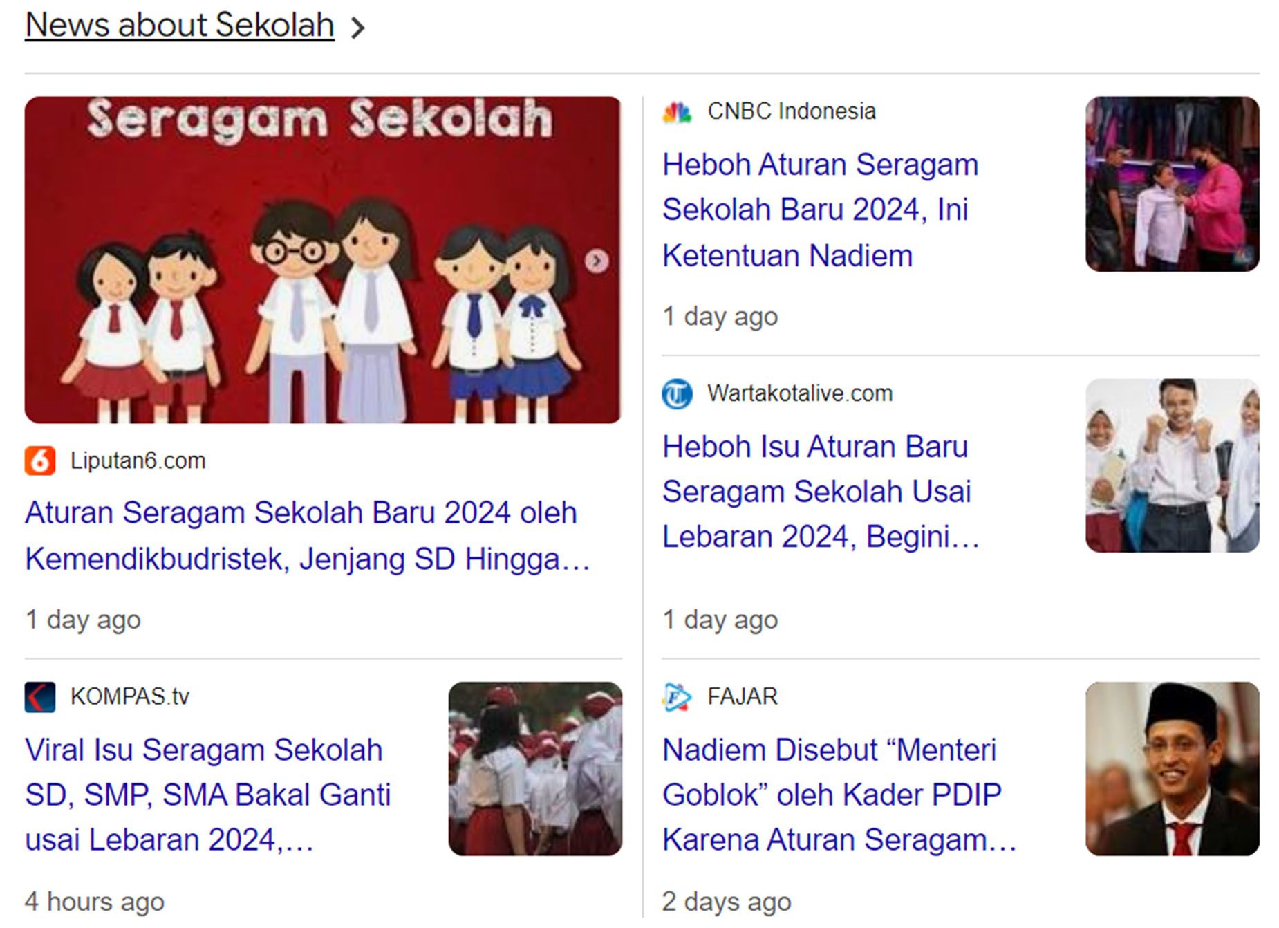 Tangkapan layar di Google mengenai berita penggantian seragam sekolah.  