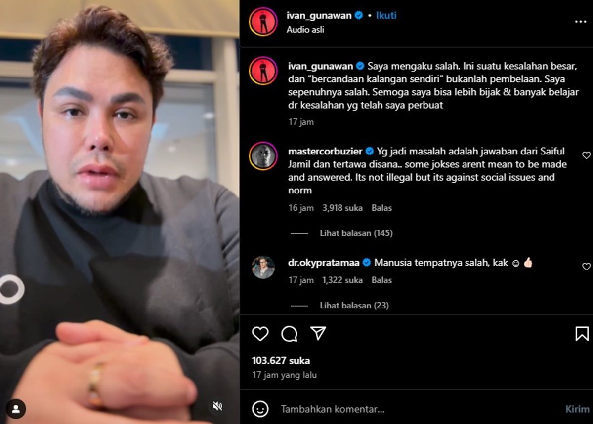 Ivan Gunawan mengungkapkan permintaan maaf publik setelah diterpa kontroversi unggahan video soal candaan pelecehan seksual Saiful Jamil.