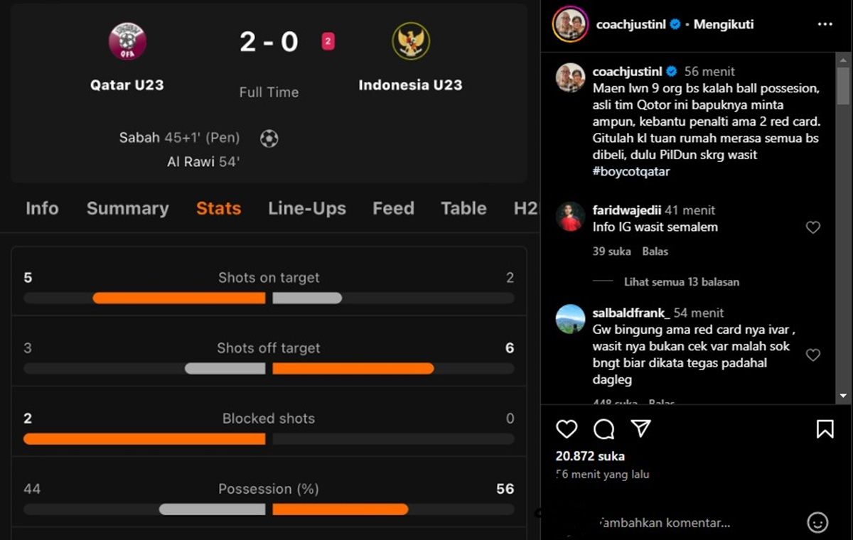 Justinus Lhaksana alias Coach Justin bahkan memberikan kritik pedas terhadap keputusan wasit dan performa Timnas Qatar  lawan Indonesia U-23
