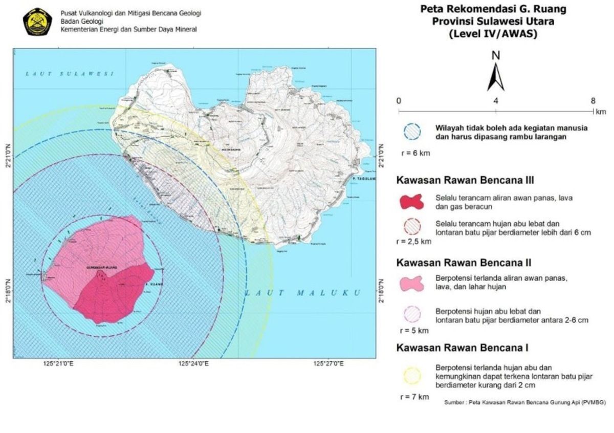 Peta Rekomendasi Erupsi Gunung Ruang di Sulawesi Utara yang diterbitkan pihak PVMBG