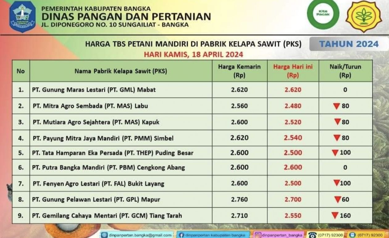 HARGA TBS kelapa sawit Kabupaten Bangka 18 April 2024 ditingkat PKS