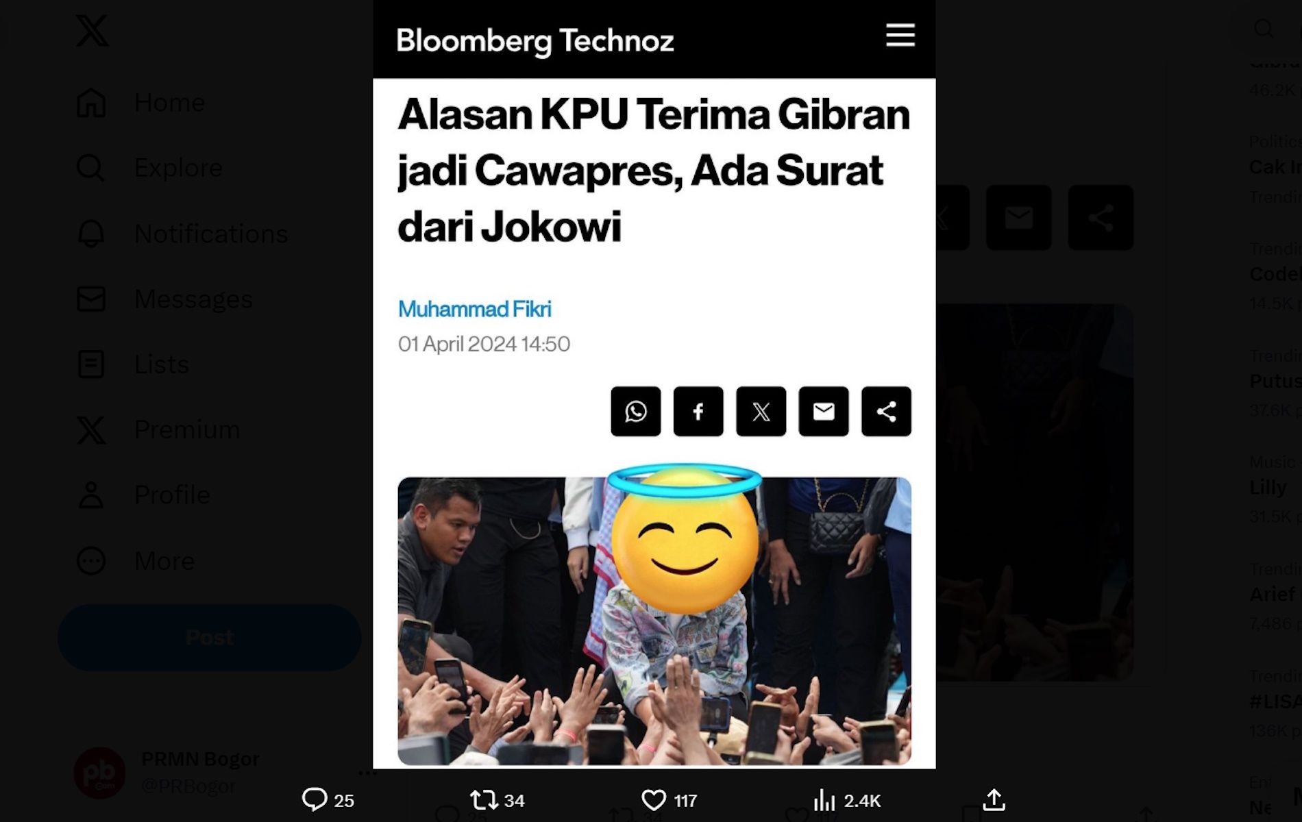 Unggahan yang menarasikan KPU terima Gibran jadi Cawapres karena terima surat dari Jokowi. 