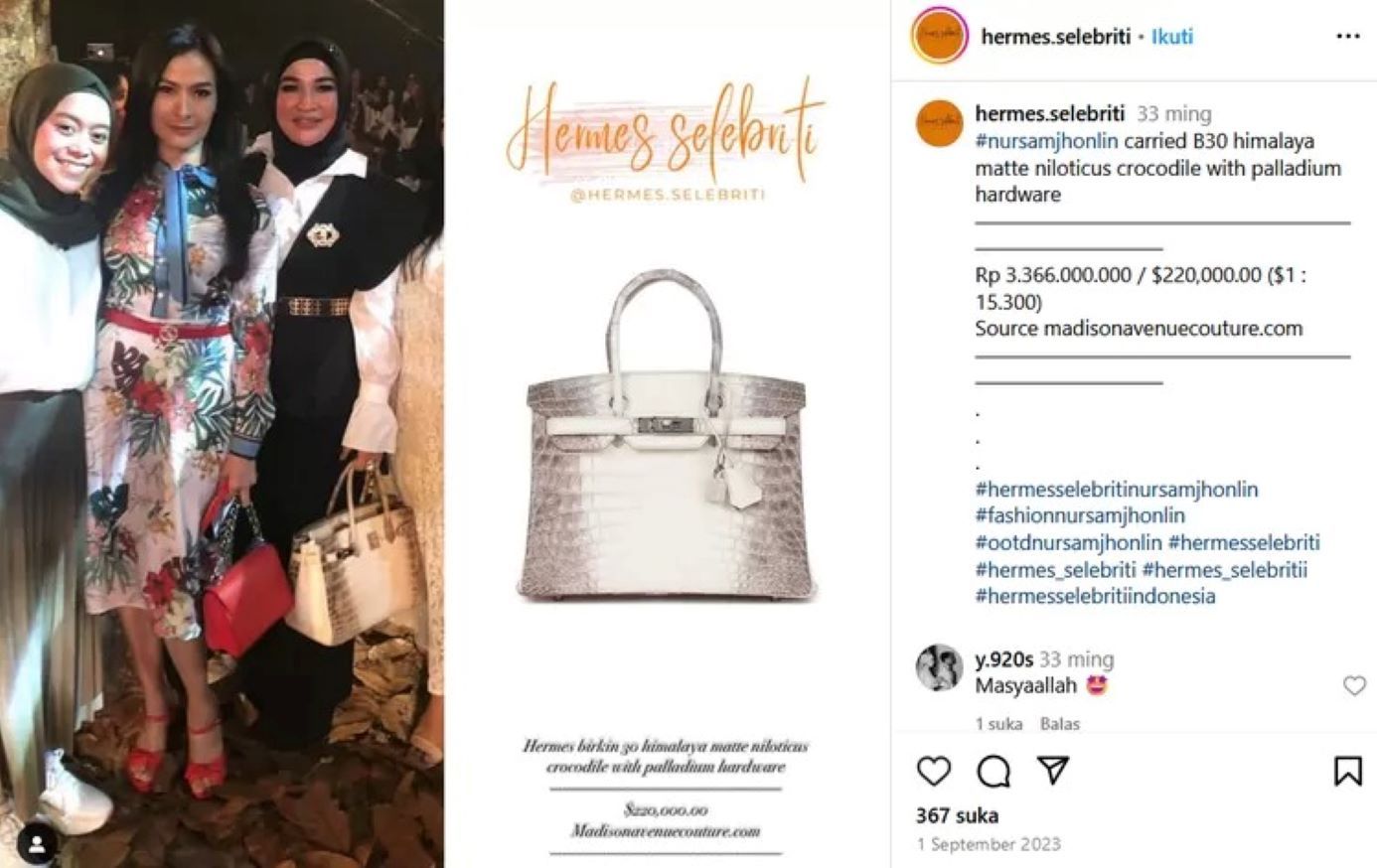 Tas Hermes Birkin istri Haji Isam (Instagram @hermes.selebriti)