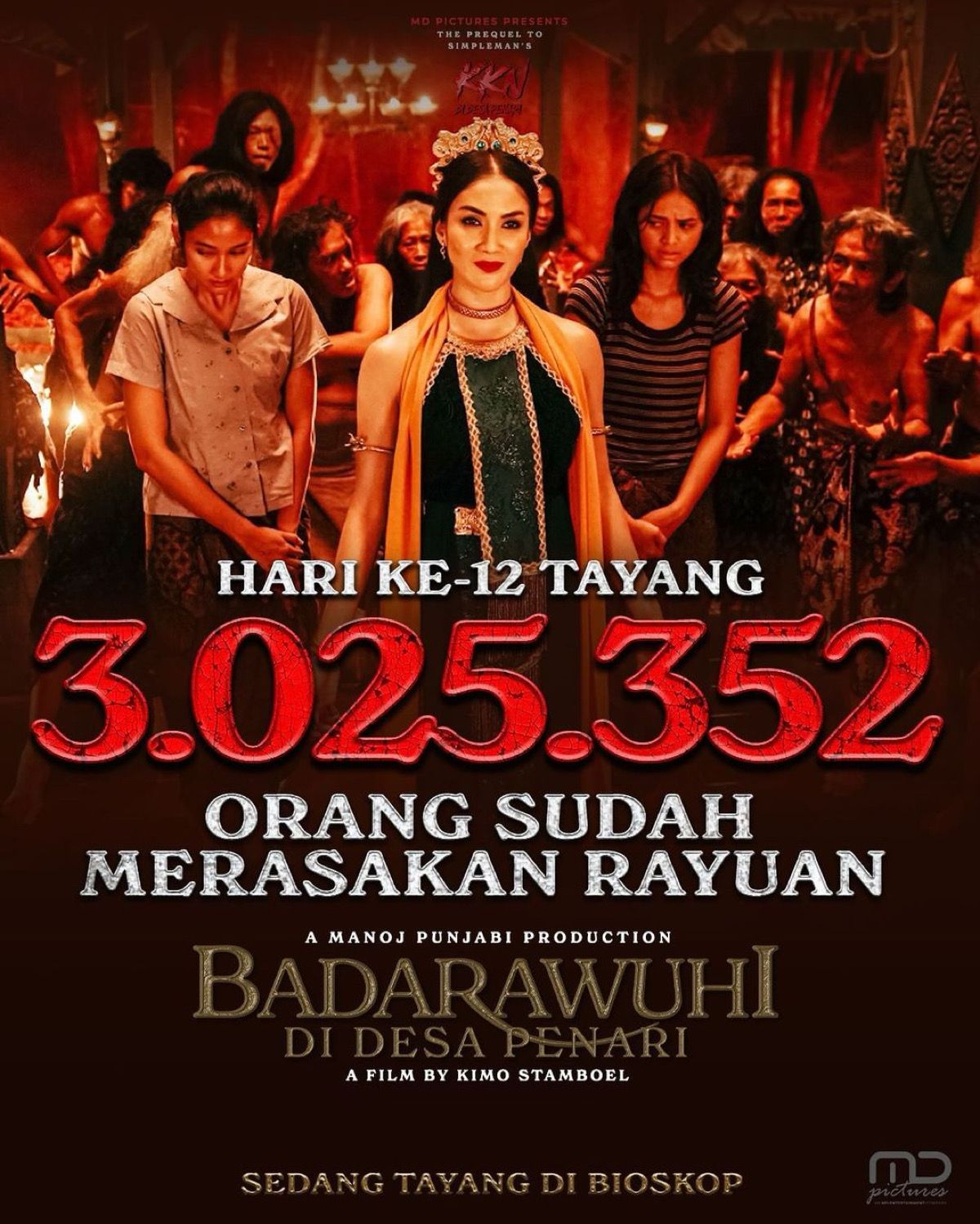 Jumlah perolehan penonton film Badarawuhi di Desa Penari di hari penayangan ke-12