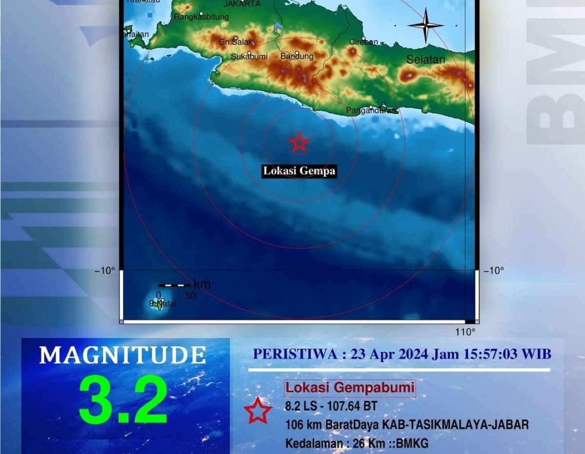 Pusat gempa bumi magnitudo 3.2 yang melanda wilayah Kabupaten Tasikmalaya dan sekitarnya Selasa 23 April 2024.