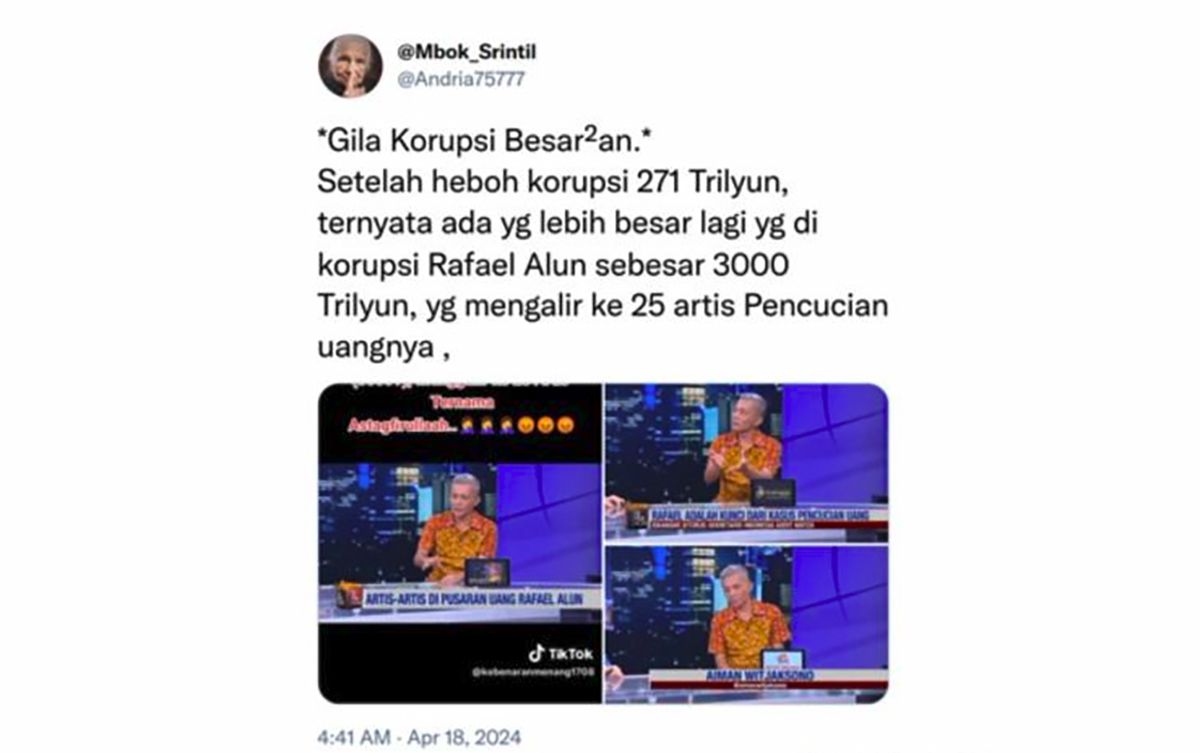 Unggahan yang menarasikan Rafael Alun jadi kasus korupsi terbesar di Indonesia dengan total korupsi 3000 triliun. Faktanya, tidak ada informasi resmi mengenai narasi tersebut. (X)