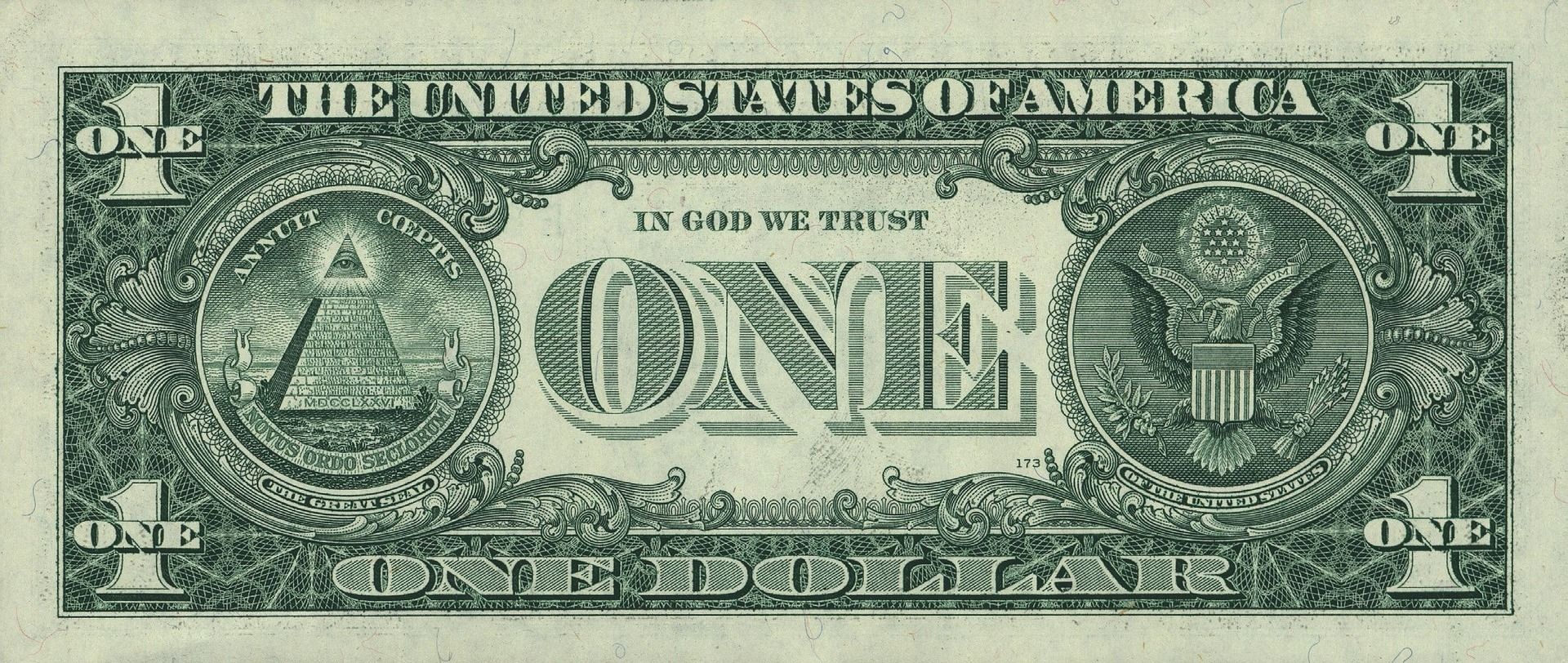 Uang pecahan 1 Dolar Amerika Serikat dengan lambang mata satu di atas piramida.