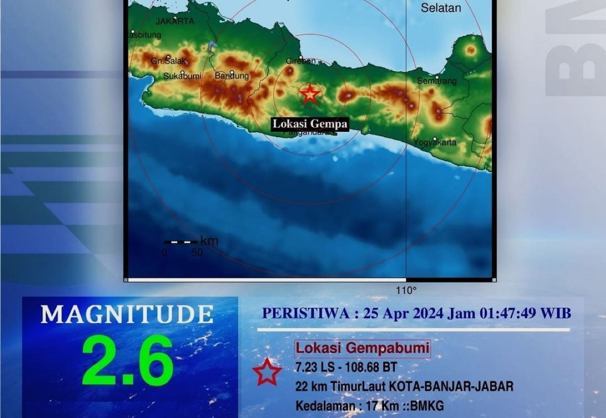 Peta pusat gempa bumi yang melanda wilayah Kota Banjar Jawa Barat Kamis 25 April 2024.