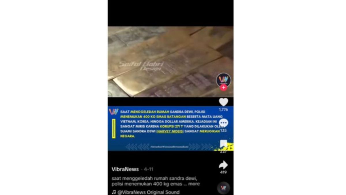 Unggahan video disinformasi yang menarasikan polisi temukan 400 kilogram emas dirumah Sanda Dewi. Faktanya, tidak ada informasi resmi mengenai narasi tersebut.