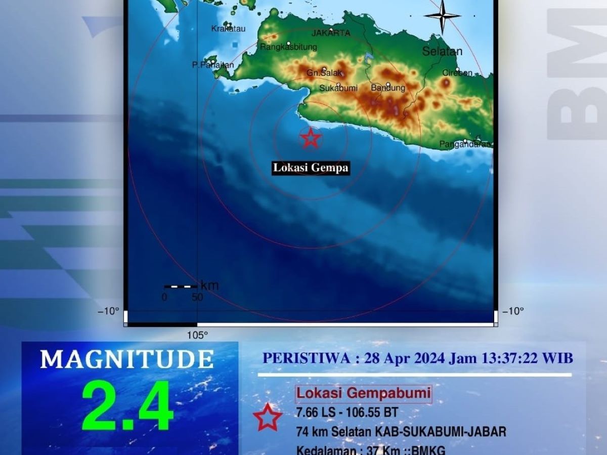 Peta pusat gempa bumi yang melanda wilayah Kabupaten Sukabumi Minggu 28 April 2024.