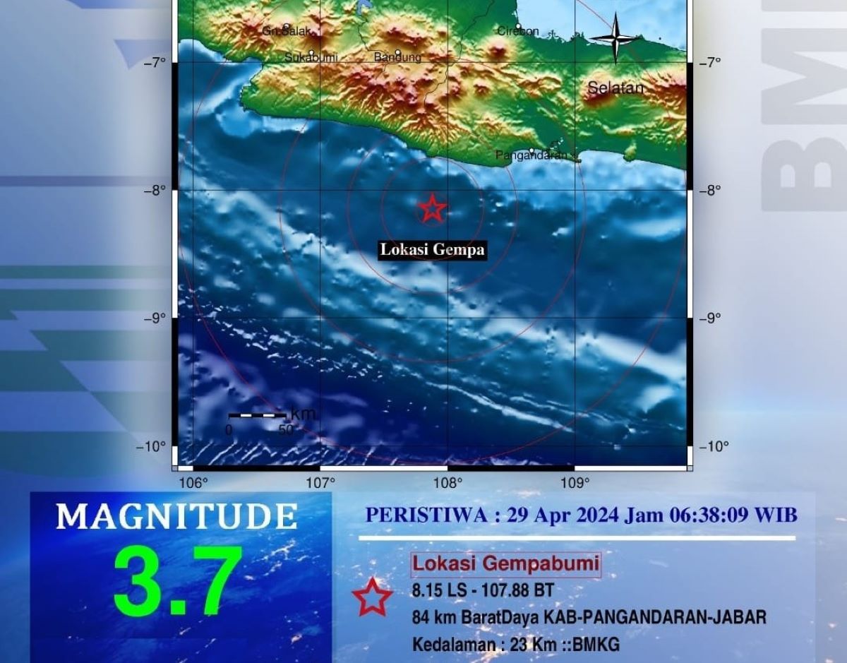 Peta pusat gempa bumi kedua yang melanda wilayah Kabupaten Pangandaran.