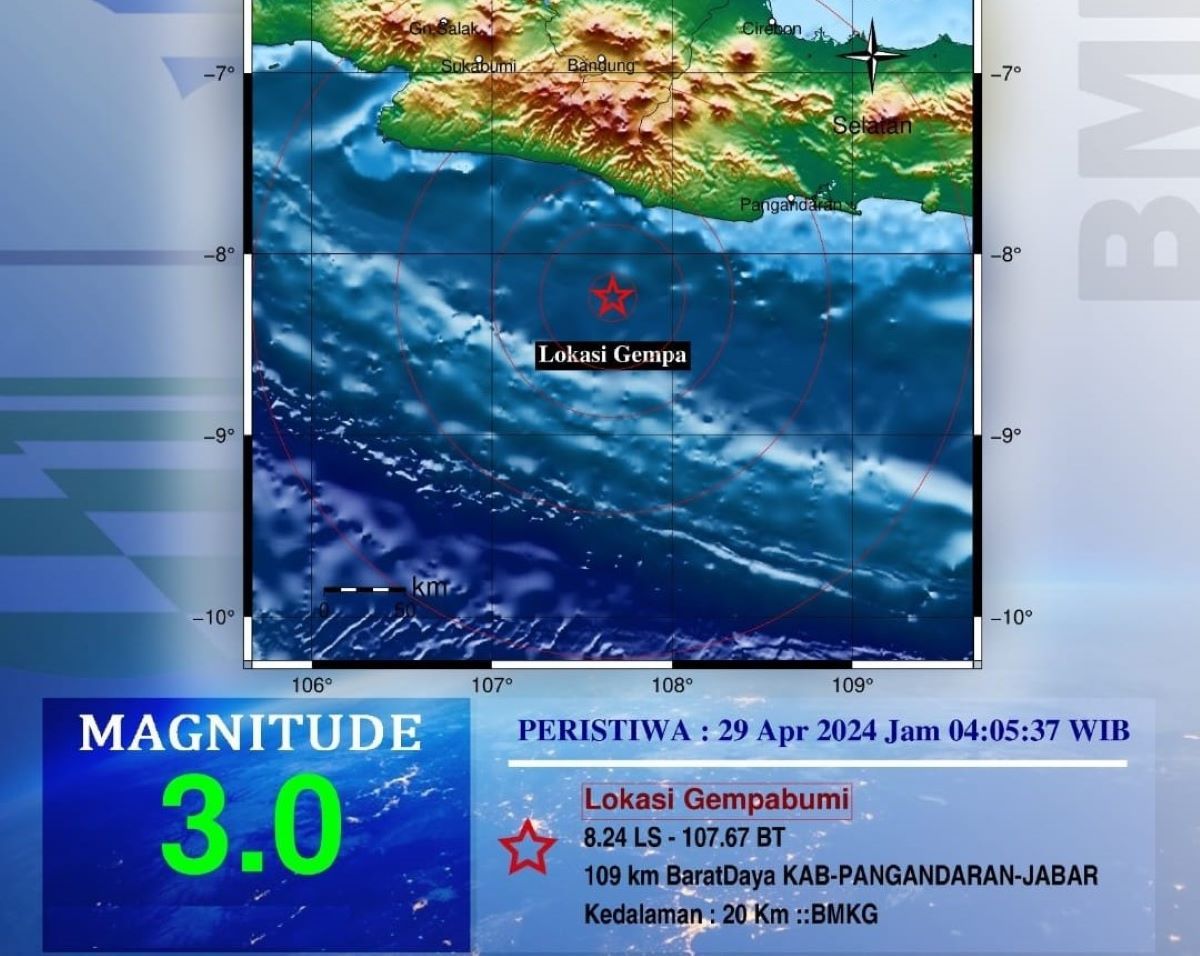 Peta pusat gempa bumi tektonik yang melanda wilayah Kabupaten Pangandaran Jawa Barat dan sekitarnya.