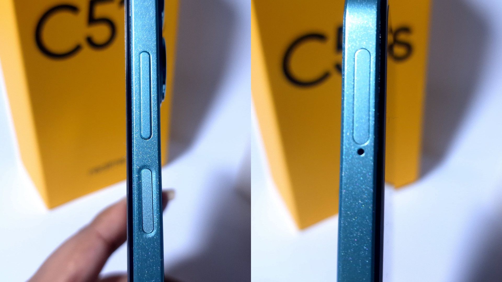 Bagian frame realme C51s berbentuk flat dan noda sidik jari tidak mudah terlihat. Di sisi kanan terdapat dua tombol pengatur volume dan tombol daya. Laci SIM mampu memuat dua buah kartu nano SIM dalam posisi saling membelakangi dan ada tempat untuk kartu memori micro SD. (Foto: @andhini.apw18)