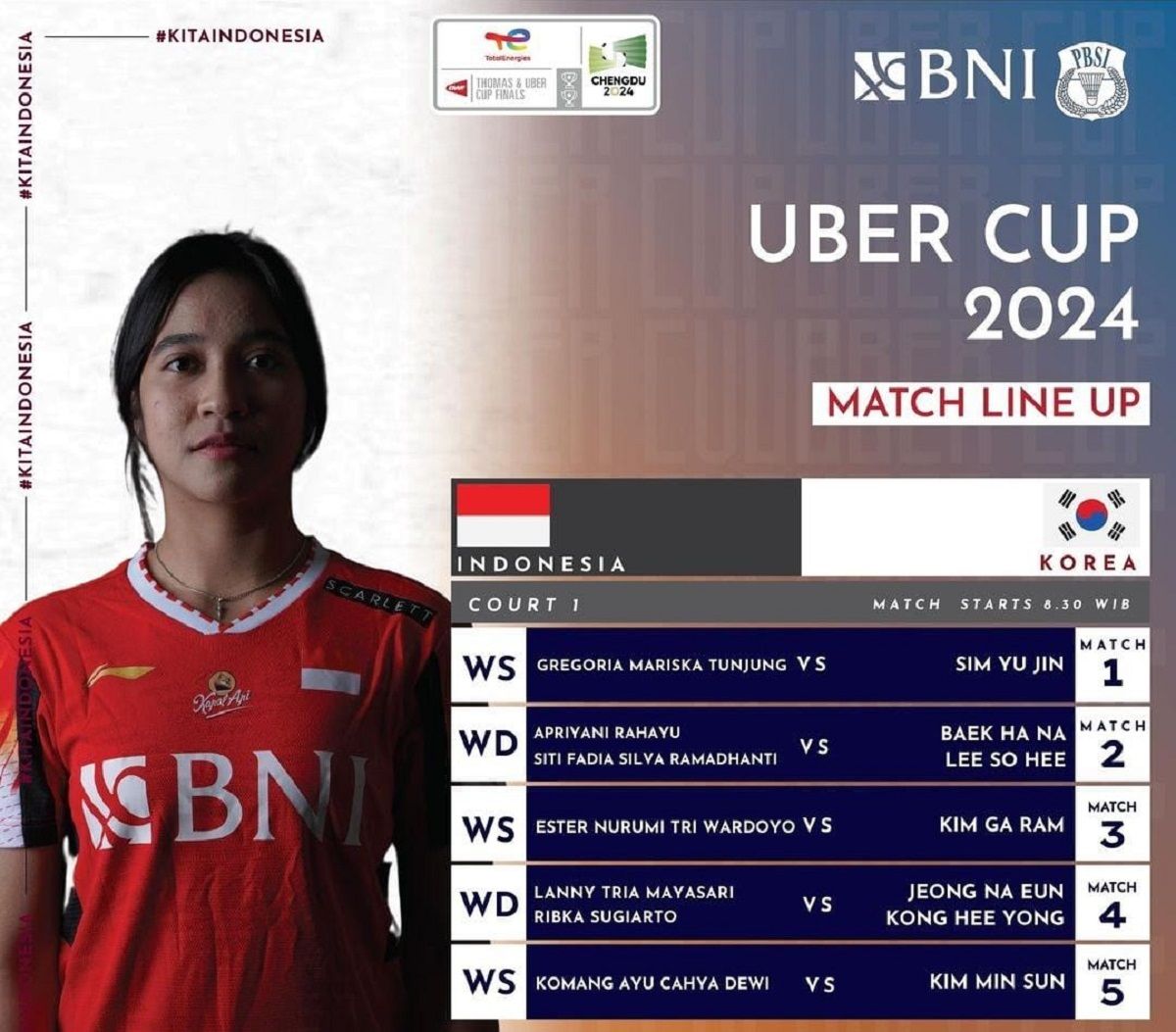 Link Streaming Piala Thomas dan Uber Cup 2024: Indonesia Vs Korea Selatan, Tonton Disini!