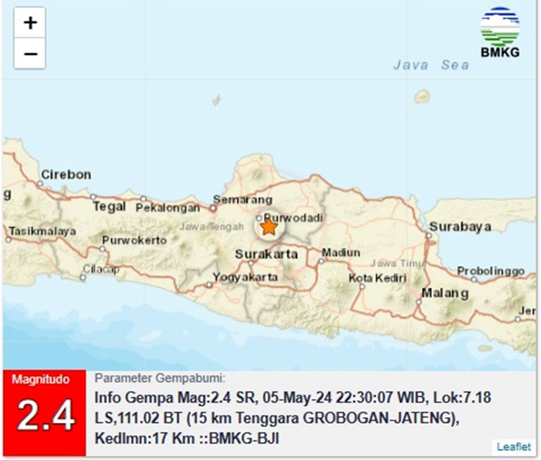 Informasi gempa bumi M2.4 SR yang berpusat di wilayah tenggara Kabupaten Grobogan.