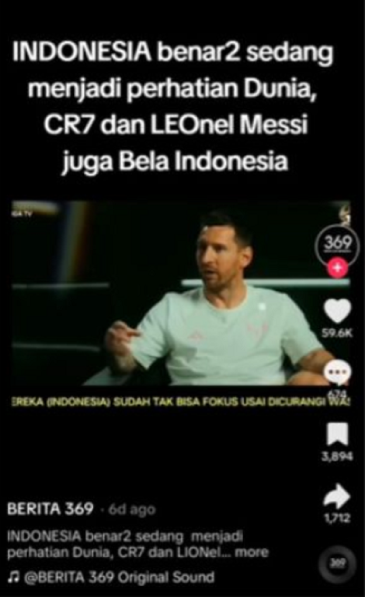 Unggahan video hoaks yang menarasikan Ronaldo dan Messi bela Indonesia atas kecurangan wasit.