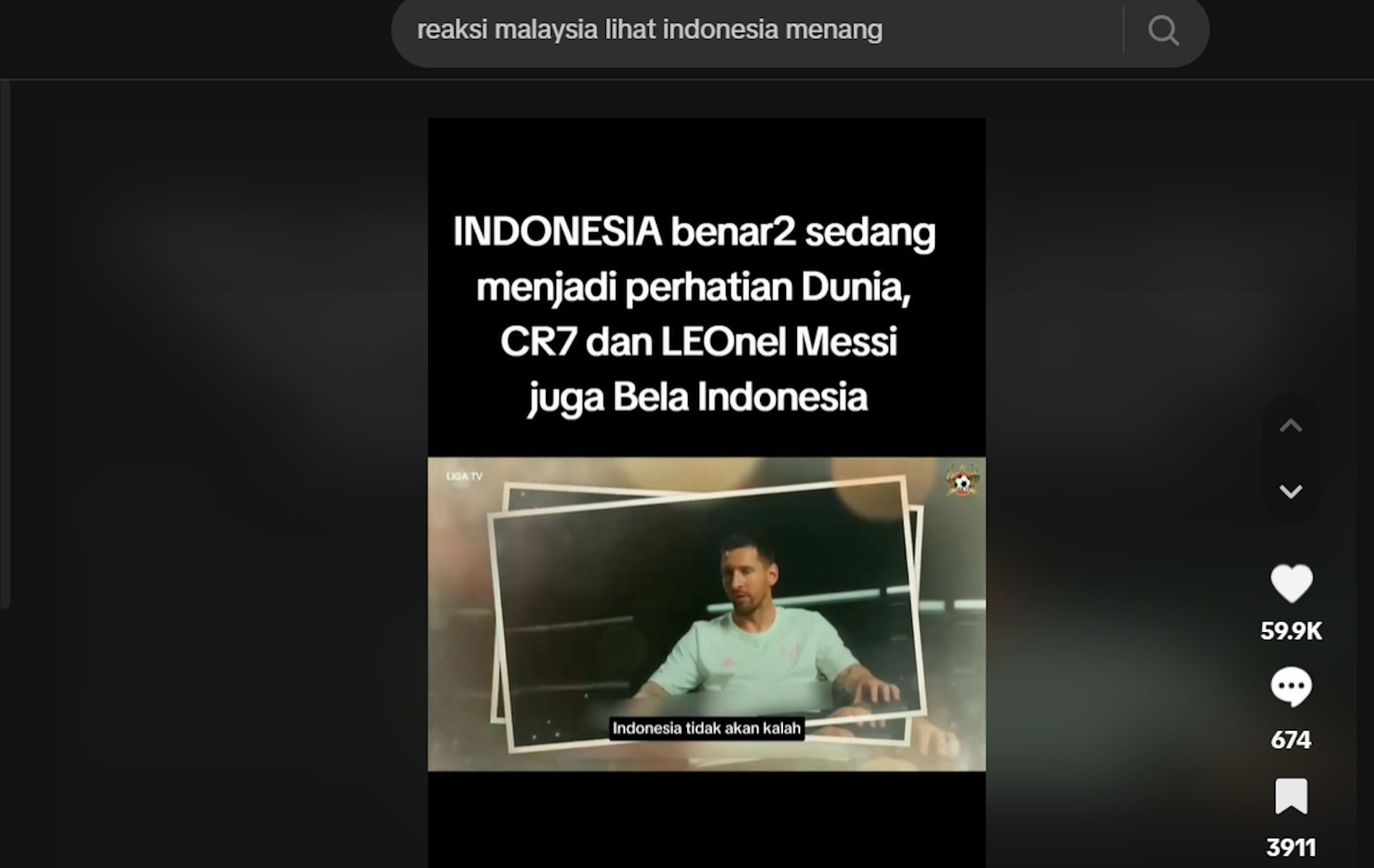 Unggahan video hoaks yang menarasikan Ronaldo dan Messi bela Indonesia atas kecurangan wasit. Faktanya, video tersebut merupakan wawancara Lionel Messi dan Zinedine Zidane tidak terkait dengan Indonesia.