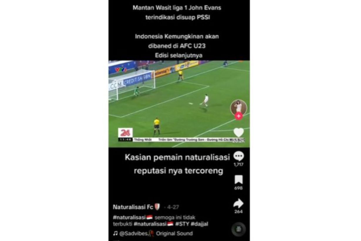 tangkap layar video TikTok yang menyebutkan Timnas Indonesia dicoret dari AFC U23.