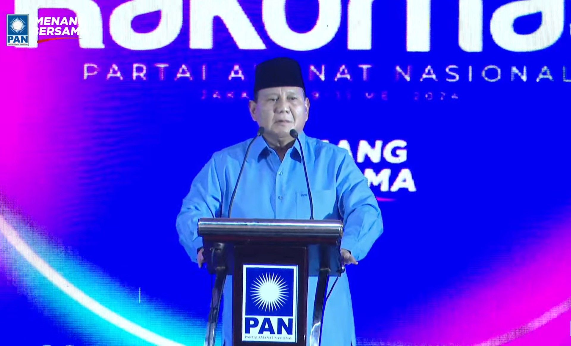 Prabowo Subianto di Rakornas PAN di Jakarta, Kamis malam, 9 Mei 2024.