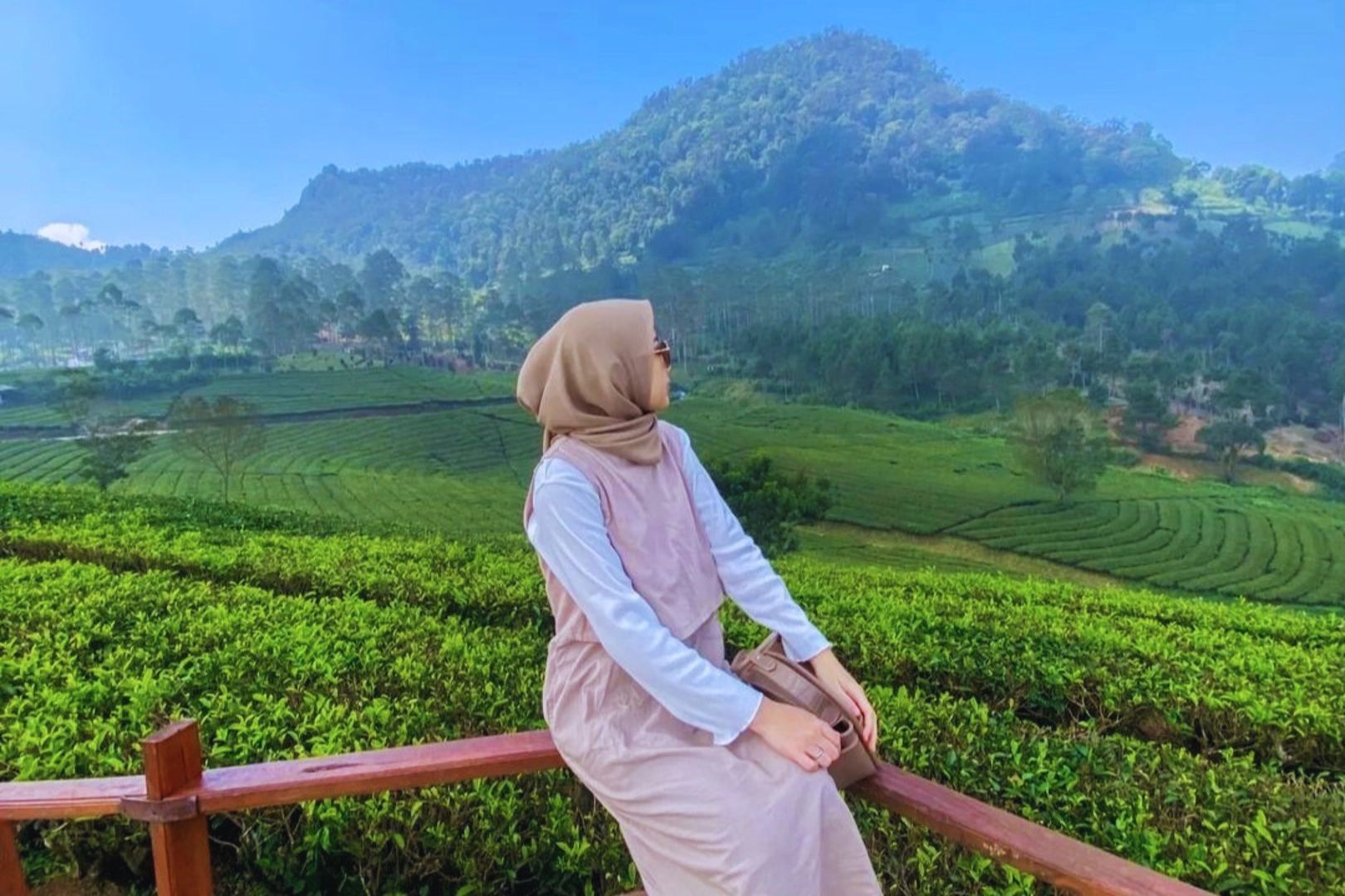 Potret seorang wisatawan dengan hamparan kehijauan kebun teh di tempat wisata Wayang Windu Panenjoan, Bandung Barat. / instagram / @elgaestica