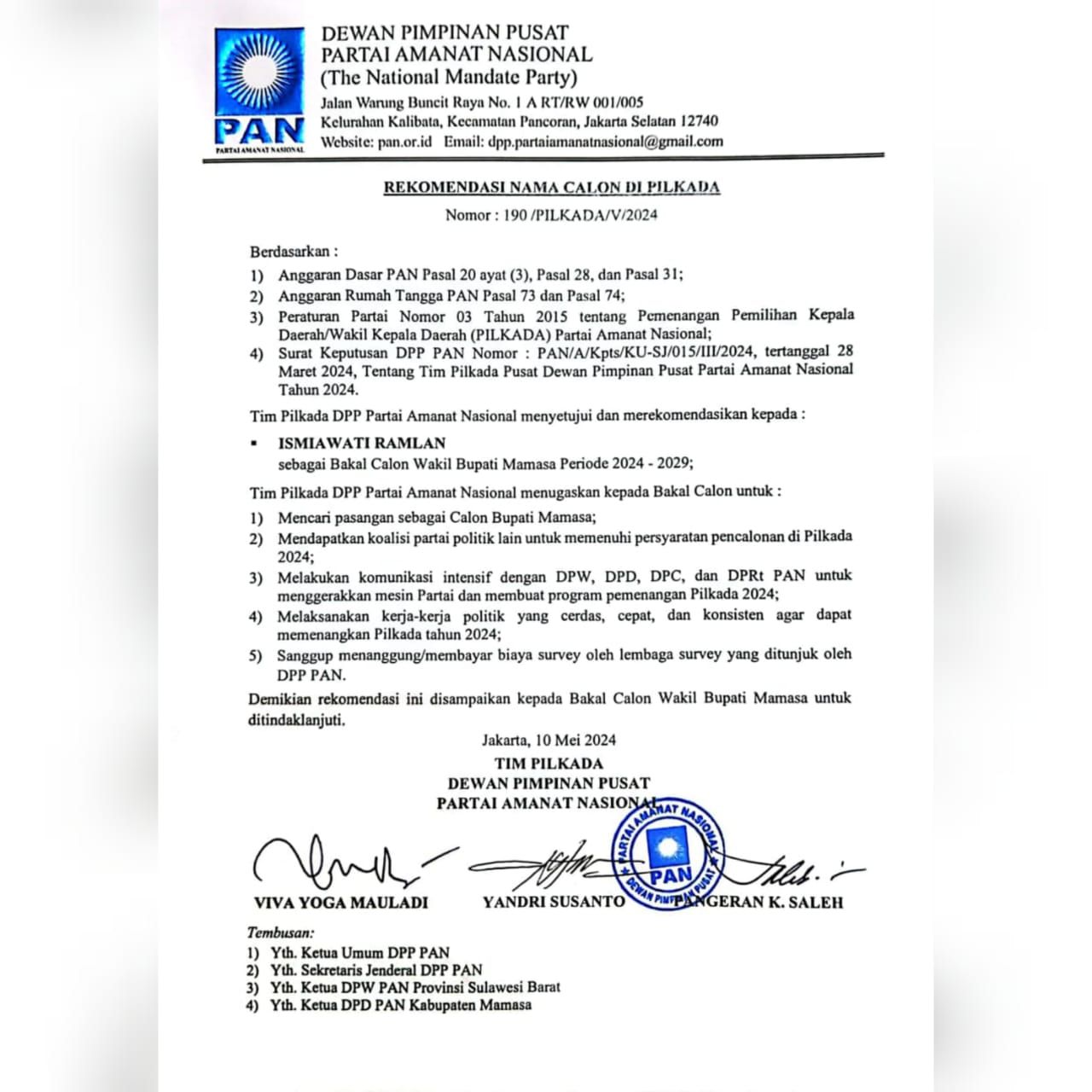 Surat Rekomendasi DPP PAN untuk Pilkda Mamasa