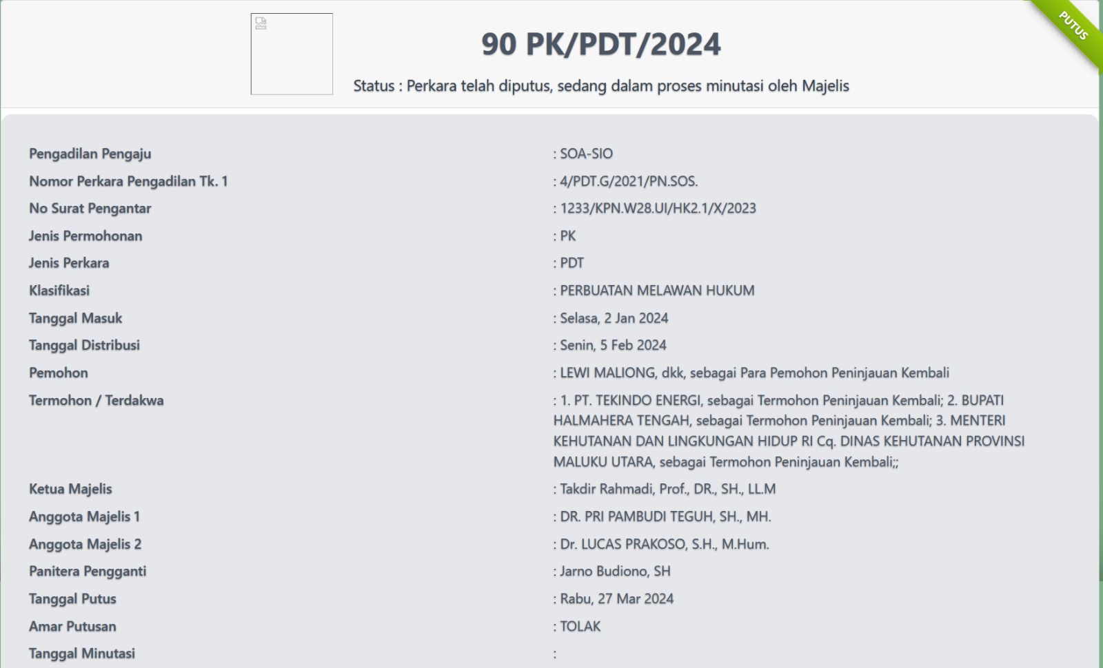 Putusan tolak PK yang dikeluarkan MA nomor 90 PK/PDT/2024.