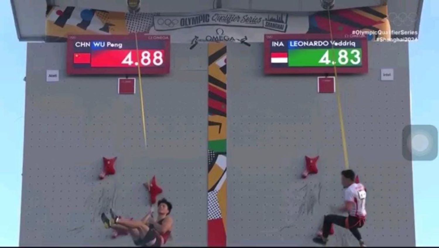 Veddriq dengan catatan 4,83 detik menang di partai final dari atlet panjat tebing nomor satu dunia asal Cina Peng Wu yang catatkan 4,88 detik