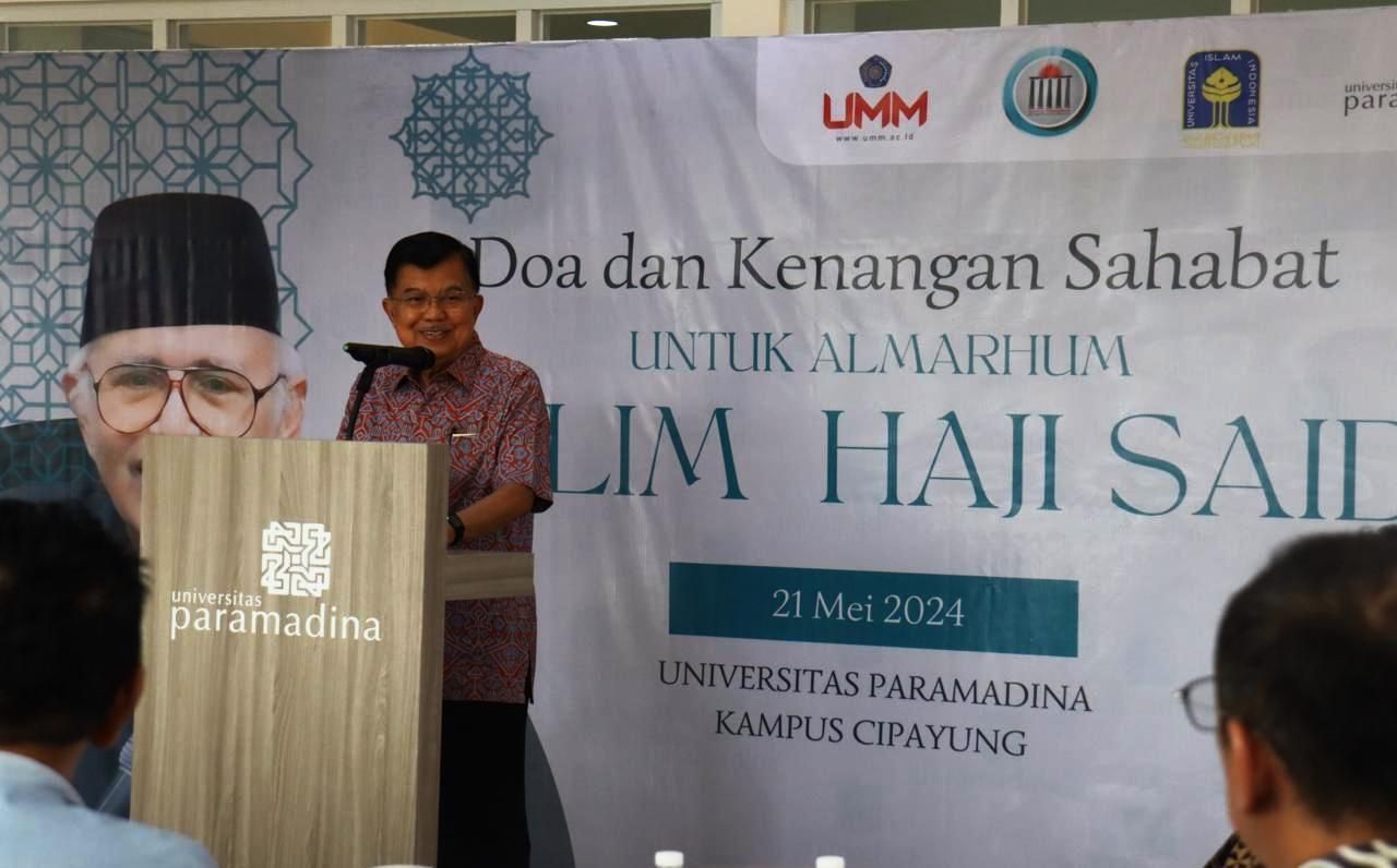 Mantan Wapres HM Jusuf Kalla dalam acara “Doa dan Kenangan Sahabat untuk almarhum Salim Haji Said” di Kampus Universitas Paramadina, Cipayung, Jakarta Timur, Selasa (21/5/2024). Sumber: Universitas Paramadina