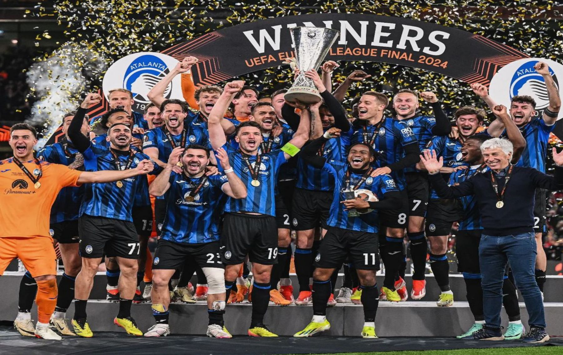 Selebrasi Atalanta pesta juara Liga Europa 2023/2024 usai menang telak atas Bayer Leverkusen dengan skor 3-0./