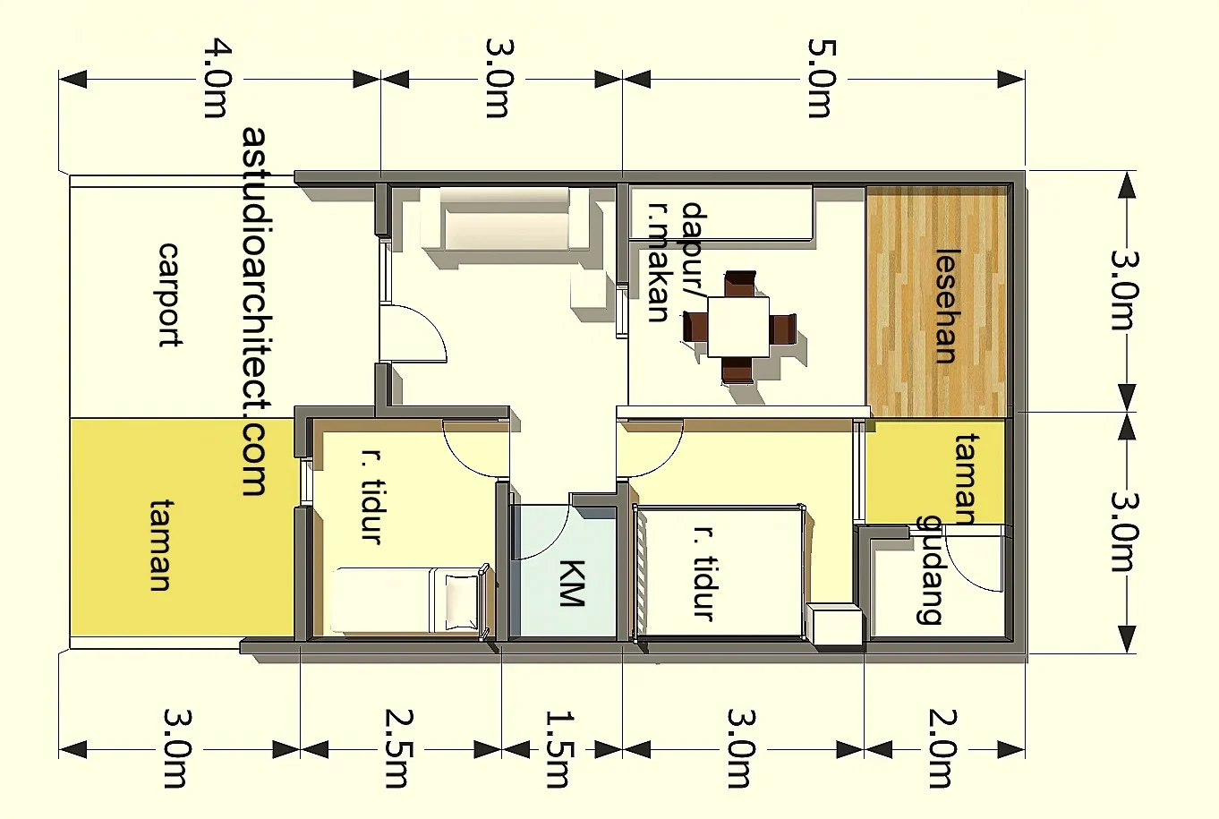 Denah rumah minimalis ukuran 6×7 meter dengan 2 kamar tidur.//
