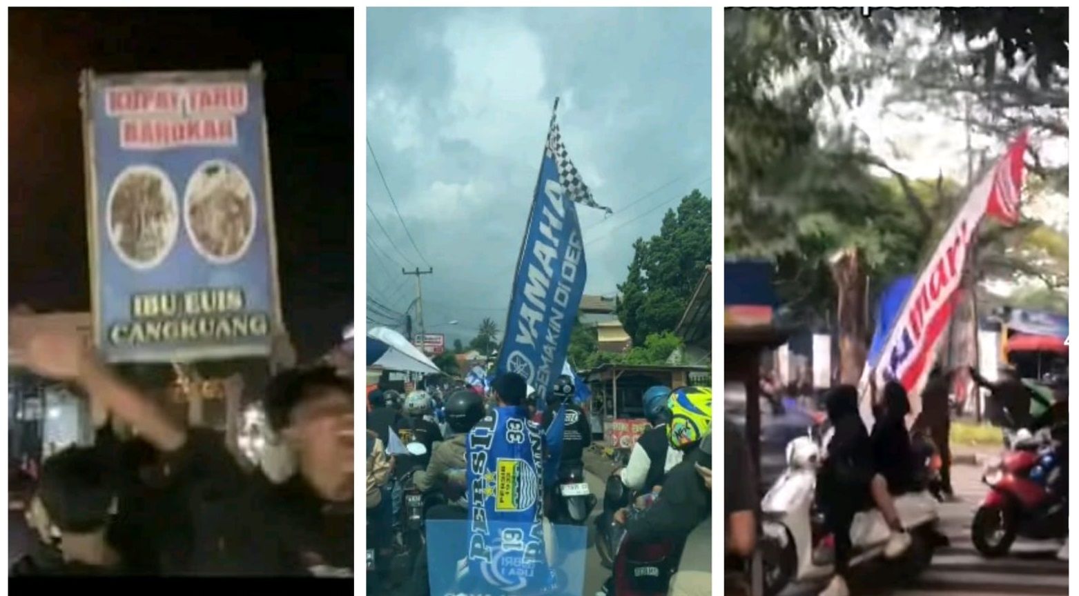 Viral kelakuan Bobotoh Persib Bandung saat konvoi menyambut Maung Bandung juara BRI Liga 1 2023 2024, dari membawa banner kupat tahu Bu Euis Cangkuang hingga umbul-umbul dealer sepeda motor dan minimarket.*/kolase kabar-priangan.com/Medsos Facebook/X/Instagram 