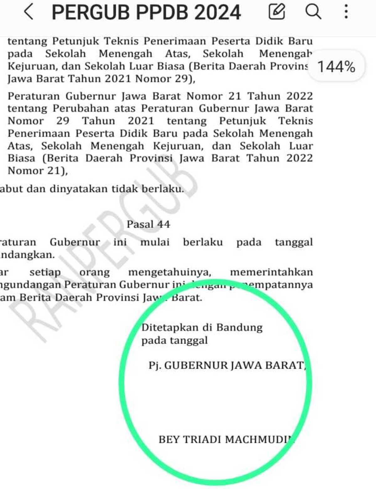 Tangkapan layar Rancangan Pergub PPDB 2024 yang belum ditandatangani Pj Gubernur Jawa Barat, Bey Triadi Machmudin
