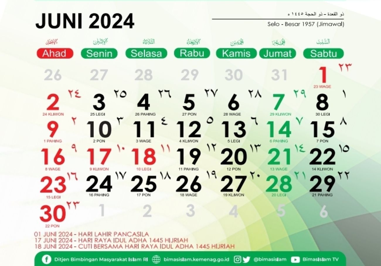kalender Juni 2024 lengkap dengan tanggal merah