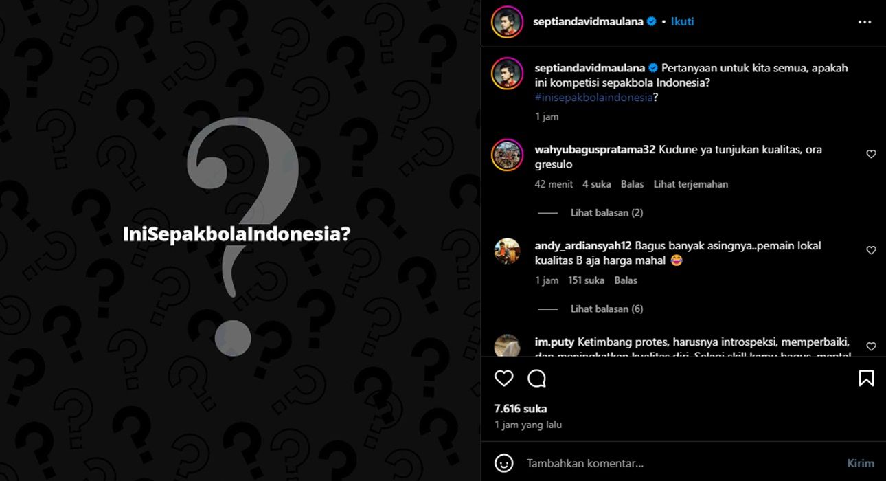 Unggahan gelandang PSIS Semarang, Septian David Maulana, dengan tagar Ini Sepak Bola Indonesia? diunggah Jumat, 7 September 2024.